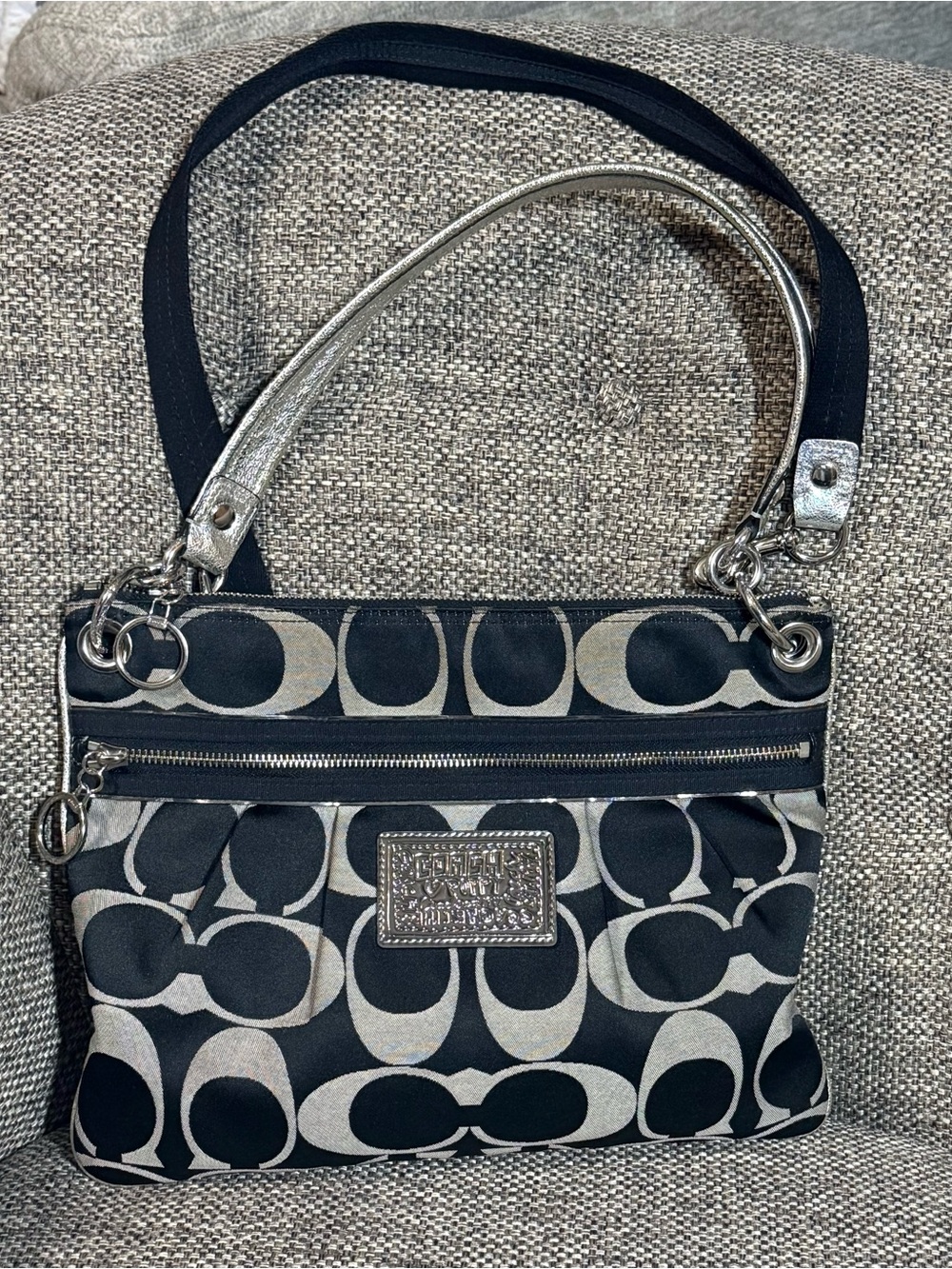 Coach Poppy Black and Silver Signature-Pattern Crossbody/Handbag
